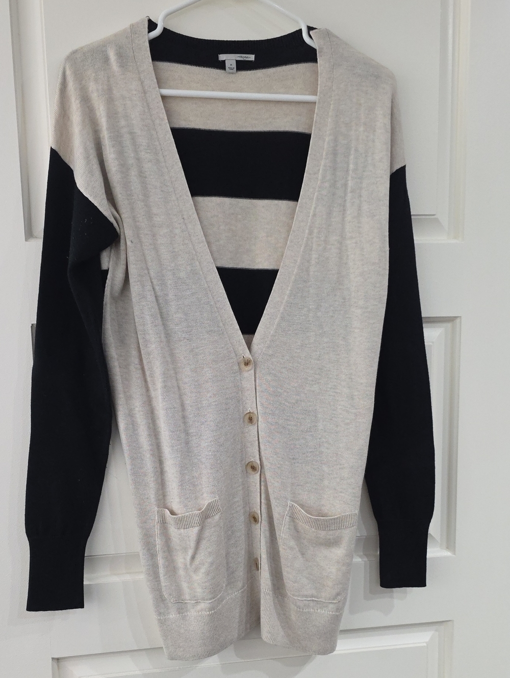 Halogen Black and Cream Long Button Cardigan Sweater Elbows Patch M Cotton Modal